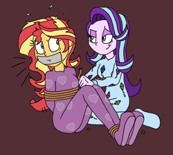 Size: 1382x1239 | Tagged: safe, artist:bugssonicx, starlight glimmer, sunset shimmer, human, equestria girls, g4, arm behind back, bondage, bound and gagged, clothes, duo, female, fetish, footed sleeper, footie pajamas, gag, lidded eyes, onesie, pajamas, rope, rope bondage, sleepover, slumber party, tape, tape gag, tied up, tying