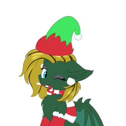 Size: 5000x5000 | Tagged: safe, artist:lunar froxy, oc, oc only, oc:midnight lightning, bat pony, bat wings, candy, candy cane, chest fluff, christmas, clothes, commission, cute, ear fluff, elf hat, eyeshadow, female, food, hat, holiday, looking at you, makeup, mare, one eye closed, santa hat, scarf, simple background, socks, transparent background, wings, wink, winking at you, ych result