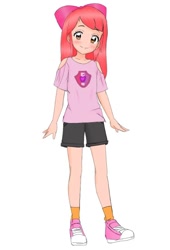 Size: 816x1200 | Tagged: safe, artist:izzierichard, apple bloom, human, g4, adorabloom, bow, clothes, converse, cute, cutie mark, cutie mark on clothes, female, humanized, meme, shoes, shorts, smiling, sneakers, solo, the cmc's cutie marks