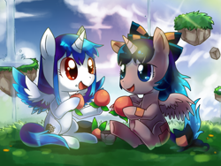 Size: 800x600 | Tagged: safe, artist:sukeyfour, alicorn, pony, crossover, cute, duo, eating, female, food, fruit, herbivore, hinanai tenshi, horn, mare, peach, ponified, touhou, wings, yorigami shion