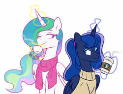 Size: 3928x2999 | Tagged: safe, artist:chub-wub, princess celestia, princess luna, alicorn, pony, g4, alternate hairstyle, clothes, coffee, coffee cup, cup, cute, duo, female, food, high res, looking at each other, magic, mare, one eye closed, ponytail, royal sisters, scarf, siblings, simple background, sisters, sweater, tea, teacup, telekinesis, white background, wink