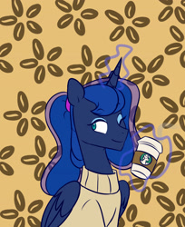 Size: 2449x2999 | Tagged: safe, artist:chub-wub, princess luna, alicorn, pony, g4, alternate hairstyle, clothes, coffee, coffee beans, coffee cup, cup, cute, female, high res, lunabetes, magic, mare, one eye closed, ponytail, solo, sweater, telekinesis, wink
