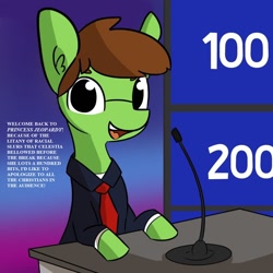 Size: 1080x1080 | Tagged: safe, artist:tjpones edits, edit, oc, oc only, oc:tjpones, earth pony, pony, celebrity jeopardy, jeopardy, looking at you, microphone, misspelling, necktie, saturday night live, solo