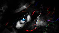 Size: 1920x1080 | Tagged: safe, artist:huussii, edit, rarity, pony, g4, rarity investigates, clothes, detective, detective rarity, female, grayscale, hat, mare, monochrome, neo noir, partial color, smiling, solo, wallpaper