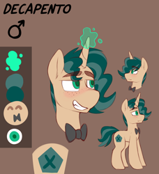 Size: 3076x3376 | Tagged: safe, artist:anon_1515, oc, oc only, oc:decapento, pony, unicorn, blushing, bowtie, brown background, colored, colored pupils, cutie mark, eyebrows, eyebrows visible through hair, flat colors, freckles, glowing horn, grin, gritted teeth, high res, horn, magic, male, mars symbol, raised eyebrows, reference sheet, simple background, smiling, solo, stallion