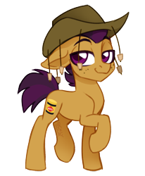 Size: 1605x1947 | Tagged: safe, artist:sickly-sour, edit, editor:ciaran, oc, oc only, oc:vegemite, earth pony, pony, 2021 community collab, derpibooru community collaboration, australia, bruce, colored, colored pupils, cork hat, cutie mark, earth pony oc, freckles, hat, male, simple background, smug, stallion, transparent background, two toned mane, vegemite