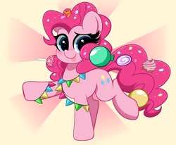 Size: 4096x3378 | Tagged: safe, artist:kittyrosie, pinkie pie, earth pony, pony, g4, blushing, candy, cupcake, cute, diapinkes, food, lollipop, messy mane, solo, starry eyes, tongue out, wingding eyes