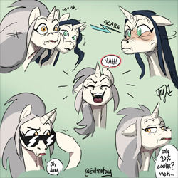 Size: 1280x1280 | Tagged: safe, artist:evilsnotbag, pony, unicorn, blushing, cheek squish, dyed mane, edalyn clawthorne, fangs, female, floppy ears, glare, green eyes, laughing, lilith clawthorne, ponified, siblings, sisters, squishy cheeks, sunglasses, the owl house, witch, witch pony, yellow eyes