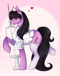 Size: 1024x1284 | Tagged: safe, artist:themstap, oc, oc only, earth pony, pony, clothes, costume, female, halloween, halloween costume, hat, heart, holiday, injection, mare, nurse, nurse hat, nurse outfit, sassy, socks, solo, stockings, syringe, thigh highs