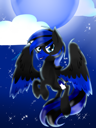 Size: 2100x2800 | Tagged: safe, artist:juliet-gwolf18, oc, oc:blue moon, oc:bluemoon, pegasus, pony, blue moon, cloud, flying, high res, looking at you, night, night sky, pegasus oc, sky, wings