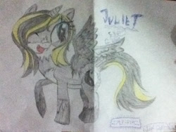 Size: 960x720 | Tagged: safe, artist:juliet-gwolf18, oc, oc only, oc:juliet, alicorn, pony, alicorn oc, female, horn, mare, one eye closed, raised hoof, smiling, solo, traditional art, wings, wink
