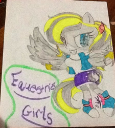 Size: 533x591 | Tagged: safe, artist:juliet-gwolf18, oc, oc only, oc:juliet, pegasus, anthro, clothes, eyelashes, female, grin, heterochromia, pegasus oc, shoes, shorts, smiling, solo, spread wings, traditional art, wings