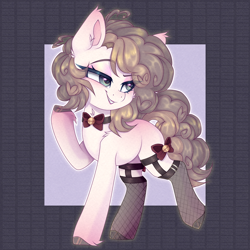 Size: 5200x5200 | Tagged: safe, artist:_spacemonkeyz_, oc, oc only, oc:eau de rosée, earth pony, pony, bell, bell collar, bowtie, collar, fishnet stockings, solo