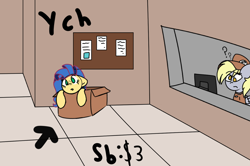 Size: 1262x836 | Tagged: safe, artist:inky scroll, derpy hooves, oc, oc:milky way, earth pony, pegasus, pony, g4, box, commission, cute, mailmare, pony in a box, post office, your character here