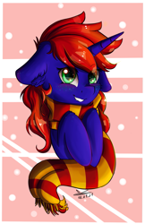 Size: 1017x1574 | Tagged: safe, artist:yuris, oc, oc only, oc:helga, pony, unicorn, abstract background, clothes, cute, floppy ears, green eyes, gryffindor, gryffindor scarf, harry potter (series), horn, scarf, smiling, solo, unicorn oc