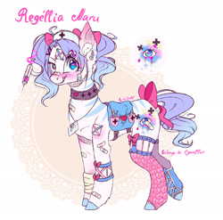 Size: 2048x2024 | Tagged: safe, artist:akimi--chan, oc, oc only, earth pony, pony, bag, bow, choker, clothes, earth pony oc, female, hat, heterochromia, high res, jewelry, licking, licking lips, magic, mare, necklace, needle, nurse hat, saddle bag, signature, socks, solo, tail bow, telekinesis, tongue out