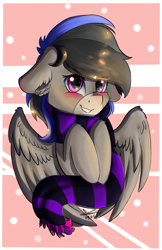 Size: 1017x1574 | Tagged: safe, alternate character, alternate version, artist:yuris, oc, oc only, oc:gamebrony, pegasus, pony, abstract background, clothes, floppy ears, pegasus oc, pink eyes, scarf, smiling, solo
