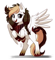 Size: 1108x1213 | Tagged: safe, artist:hikariviny, oc, oc only, oc:sweet lullaby, pegasus, pony, braid, clothes, rearing, scarf, solo, spread wings, wings