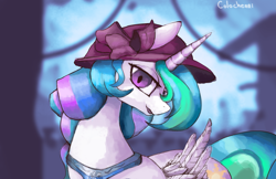 Size: 3831x2482 | Tagged: safe, artist:colochenni, princess celestia, alicorn, pony, g4, alternate hairstyle, blurry background, canterlot, collar, female, hat, high res, horn, wings