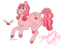 Size: 800x600 | Tagged: safe, artist:arexstar, oc, oc only, oc:strawberry party pop, earth pony, pony, braces, female, mare, offspring, parent:cheese sandwich, parent:pinkie pie, parents:cheesepie, simple background, solo, white background