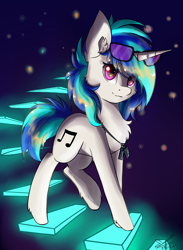 Size: 1090x1490 | Tagged: safe, artist:yuris, dj pon-3, vinyl scratch, pony, unicorn, g4, abstract background, pink eyes, smiling, solo, two toned mane