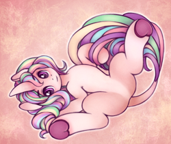 Size: 2000x1691 | Tagged: safe, artist:drawsyraccoon, oc, oc only, oc:astra, pony, unicorn, featureless crotch, looking at you, lying down, multicolored mane, multicolored tail, on back, pale belly, solo, spread legs, spreading, underhoof