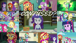 Size: 1966x1107 | Tagged: safe, edit, edited screencap, editor:quoterific, screencap, adagio dazzle, apple bloom, applejack, aria blaze, fluttershy, photo finish, pinkie pie, pixel pizazz, rainbow dash, rarity, sci-twi, scootaloo, sonata dusk, spike, spike the regular dog, sunset shimmer, twilight sparkle, violet blurr, dog, epic fails (equestria girls), eqg summertime shorts, equestria girls, equestria girls series, forgotten friendship, g4, leaping off the page, my little pony equestria girls, my little pony equestria girls: legend of everfree, my little pony equestria girls: rainbow rocks, the science of magic, confused, food, geode of empathy, geode of fauna, geode of shielding, geode of sugar bombs, geode of super speed, geode of super strength, geode of telekinesis, humane five, humane seven, humane six, magical geodes, sandwich, spike the dog, the dazzlings