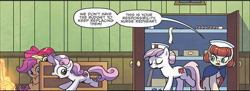 Size: 702x256 | Tagged: safe, artist:agnesgarbowska, idw, official comic, apple bloom, nurse neightingale, nurse redheart, scootaloo, sweetie belle, earth pony, pegasus, pony, unicorn, g4, my little pony: ponyville mysteries, spoiler:comic, spoiler:comicponyvillemysteries1, cutie mark crusaders, female, filly, mare, nurse