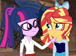 Size: 722x530 | Tagged: safe, artist:jadeharmony, sci-twi, sunset shimmer, twilight sparkle, fanfic:sunset shimmer discovers her feet, equestria girls, g4, crossover, cute, duo, duo female, female, lesbian, ship:sci-twishimmer, ship:sunsetsparkle, shipping, shipping fuel, the little mermaid