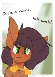 Size: 1956x2742 | Tagged: safe, artist:kirbirb, oc, oc only, oc:notetaker, earth pony, pony, bust, emoji, eye clipping through hair, looking at you, male, solo, spanish, stallion