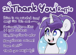 Size: 2000x1441 | Tagged: safe, artist:partypievt, oc, oc only, oc:indigo wire, pony, unicorn, animated, female, gif, gradient hooves, heart eyes, mare, meta, not rarity, open mouth, ponytail, raffle, raffle prize, smiling, solo, text, twitter, wingding eyes