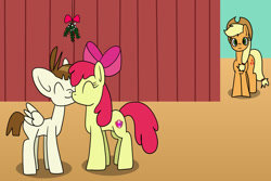 Size: 1280x854 | Tagged: safe, artist:platinumdrop, apple bloom, applejack, featherweight, earth pony, pegasus, pony, g4, female, kissing, male, mare, mistletoe, request, shipping, straight