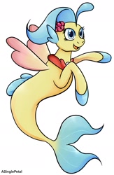 Size: 1280x1964 | Tagged: safe, artist:asinglepetal, princess skystar, seapony (g4), g4, my little pony: the movie, female, fin wings, fins, fish tail, flower, flower in hair, freckles, jewelry, necklace, open mouth, pearl necklace, simple background, smiling, solo, tail, white background, wings