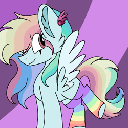 Size: 1378x1378 | Tagged: safe, artist:circuspaparazzi5678, oc, oc only, oc:rainbow autumn, pegasus, pony, clothes, ear piercing, earring, jewelry, multicolored hair, next generation, offspring, offspring's offspring, parent:oc:rainbow blitz, parent:oc:suga water, parents:oc x oc, piercing, rainbow hair, rainbow socks, smiling, socks, solo, striped socks