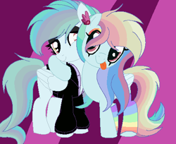 Size: 468x382 | Tagged: safe, artist:circuspaparazzi5678, oc, oc:rainbow autumn, oc:rainbow sugar, pegasus, pony, base used, clothes, ear piercing, earring, eyeshadow, female, hug, hugging a pony, jacket, jewelry, makeup, multicolored hair, next generation, offspring, offspring's offspring, parent:oc:rainbow blitz, parent:oc:suga water, parents:oc x oc, piercing, rainbow hair, rainbow socks, siblings, side hug, sisters, socks, striped socks, tongue out