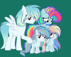 Size: 1070x866 | Tagged: safe, artist:circuspaparazzi5678, oc, oc:rainbow autumn, oc:rainbow blitz, oc:rainbow sugar, oc:suga water, pegasus, pony, base used, family, female, filly, frown, green background, magical lesbian spawn, male, mare, multicolored hair, next generation, offspring, offspring's offspring, parent:fluttershy, parent:oc:rainbow blitz, parent:oc:suga water, parent:rainbow dash, parents:flutterdash, parents:oc x oc, rainbow hair, siblings, simple background, sisters, smiling, stallion
