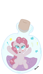 Size: 1024x1744 | Tagged: safe, artist:wrath-marionphauna, pinkie pie, pony, g4, bottle, pony in a bottle, simple background, solo, surprised, transparent background, trapped