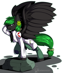 Size: 2102x2480 | Tagged: safe, artist:masterzoroark666, oc, oc only, pegasus, pony, biohazard, clothes, digital art, female, flower, flower in hair, high res, hooves, lab coat, looking at you, mare, rock, simple background, solo, spread wings, tail, transparent background, wings