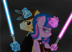 Size: 8186x5875 | Tagged: safe, artist:ejlightning007arts, oc, oc only, oc:ej, oc:hsu amity, alicorn, pony, amityej, back to back, blue, clothes, costume, crossover, duo, female, glasses, glowing horn, horn, jedi, lightsaber, magic, male, mare, not twilight sparkle, oc x oc, padawan, pink, shipping, smiling, stallion, star wars, straight, telekinesis, weapon