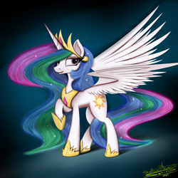 Size: 4000x4000 | Tagged: safe, artist:ser-p, princess celestia, alicorn, pony, g4, absurd resolution, ethereal mane, female, jewelry, looking at you, mare, open mouth, open smile, raised hoof, regalia, signature, smiling, smiling at you, solo, spread wings, wings