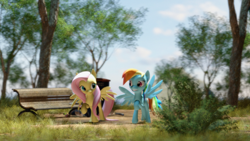 Size: 3840x2160 | Tagged: safe, artist:freasaloz, fluttershy, rainbow dash, pegasus, pony, g4, 3d, bench, female, high res, source filmmaker, tree