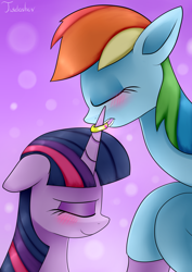 Size: 2480x3507 | Tagged: safe, artist:twidasher, rainbow dash, twilight sparkle, pegasus, pony, g4, blushing, duo, eyes closed, female, high res, horn, horn ring, jewelry, lesbian, ring, ship:twidash, shipping