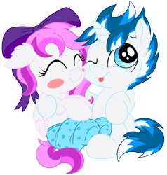Size: 2378x2500 | Tagged: safe, artist:joy144sk, artist:pirill, oc, oc only, oc:lovely honesty, oc:unhappy joy, pegasus, pony, unicorn, 2021 community collab, derpibooru community collaboration, blushing, bow, clothes, eyes closed, female, foal, heart, high res, horn, male, multicolored mane, one eye closed, simple background, sitting, tights, tongue out, transparent background, wings, wink
