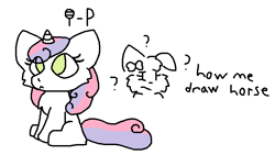 Size: 756x425 | Tagged: safe, artist:sugar-p, sweetie belle, dog, pony, unicorn, g4, :<, duo, english, question mark, sitting, text, watermark
