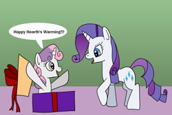 Size: 1280x854 | Tagged: safe, artist:platinumdrop, rarity, sweetie belle, g4, cute, hearth's warming eve, present, request, speech bubble