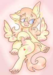 Size: 640x900 | Tagged: safe, artist:php163, oc, oc only, oc:peony fields, pegasus, pony, beanbrows, chest fluff, ear fluff, ear piercing, female, looking offscreen, mare, piercing, signature, smiling, spread wings, unshorn fetlocks, wings