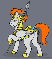 Size: 1143x1289 | Tagged: safe, artist:wallswhisper, oc, oc only, oc:sukko, pegasus, pony, armor, butt, commission, guard, hoof shoes, looking at you, male, plot, royal guard, royal guard armor, simple background, solo, spear, stallion, tail wrap, weapon, ych result