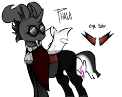 Size: 1083x864 | Tagged: safe, artist:dsstoner, oc, oc:phalo, changeling, cape, clothes, cravat, horns, male, red changeling, reference sheet, sharp teeth, sunglasses, teeth