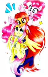 Size: 2195x3467 | Tagged: safe, artist:liaaqila, fluttershy, pinkie pie, alien, earth pony, pegasus, pony, g4, commission, crossover, cute, diapinkes, happy, high res, shyabetes, starfire, teen titans, traditional art