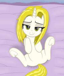 Size: 2152x2562 | Tagged: safe, artist:chomakony, oc, oc only, oc:gold tinsel, pony, unicorn, bed, bedroom eyes, featureless crotch, female, frog (hoof), high res, hooves to the chest, horn, lidded eyes, looking at you, lying down, mare, show accurate, smiling at you, underhoof, unicorn oc